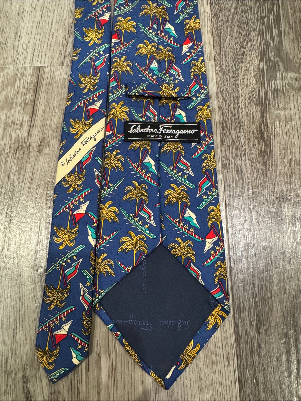 Salvatore Ferragamo Navy Silk Tie With Palm Tree & Boat Motif